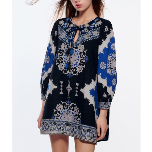 Zara Blue Embroidered Mini printed Dress boho - Picture 1 of 11